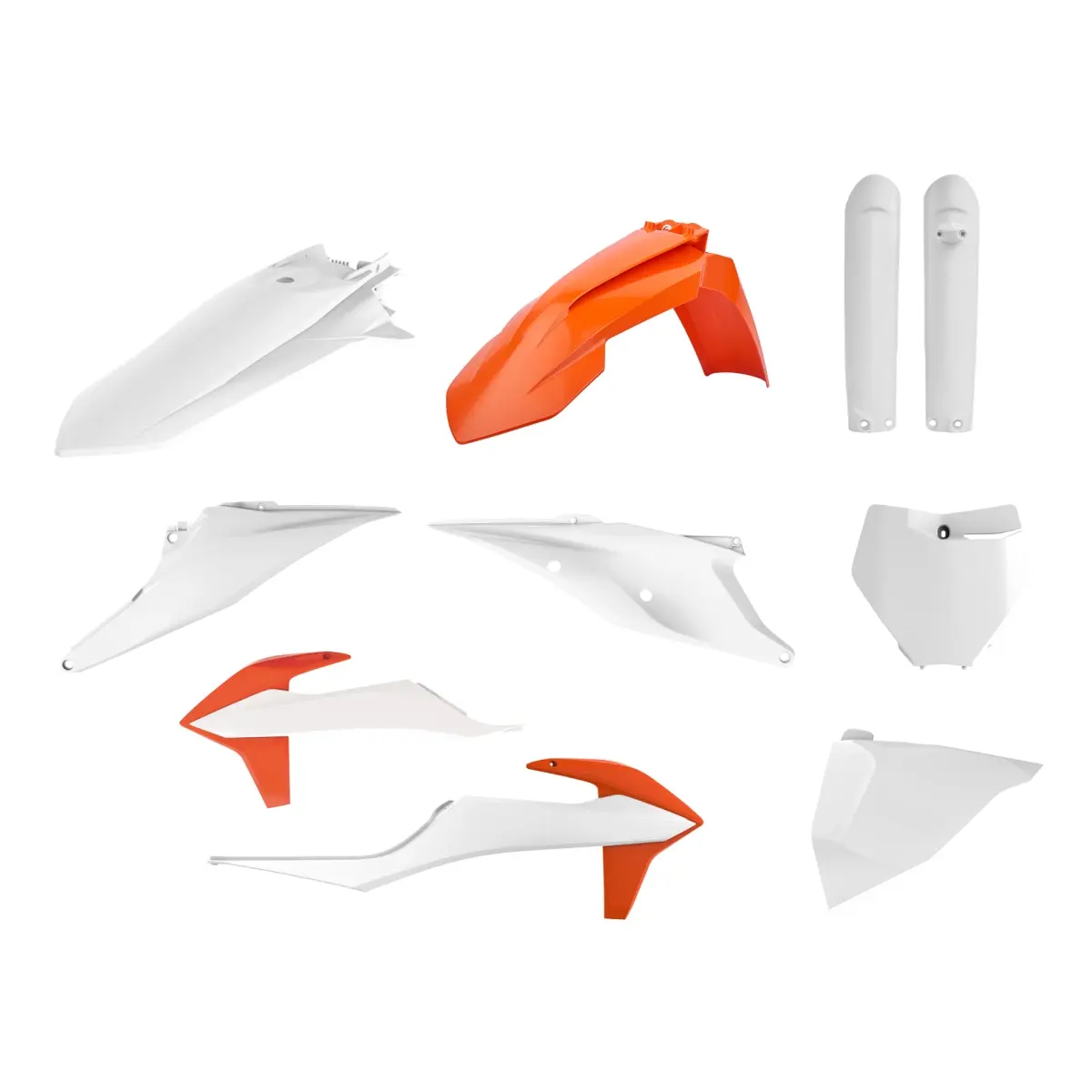 POLISPORT kompletní sada plastů (FULL KIT) KTM SX/SX-F 19-22 v sadě přední tabulka (8666400008) a kryty tlumičů (8398600012) barva oranžová bílá OEM