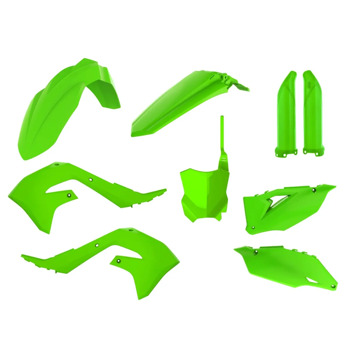 POLISPORT kompletní sada plastů KAWASAKI KXF 250 21-24; KXF 450 19-23 v sadě přední tabulka (8665900006) a kryty tlumičů (8351800008) barva zelená
