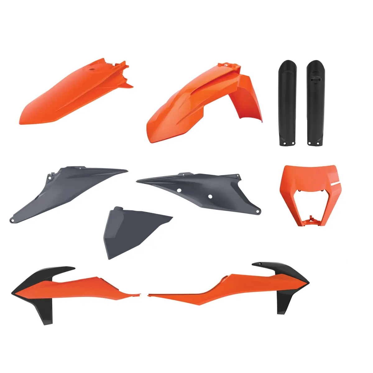 POLISPORT kompletní sada plastů (FULL KIT) KTM EXC/EXC-F TPI '20-'23 v sadě kryt světla (8668600002) a kryty tlumičů (8398600003) barva oranžová šedá
