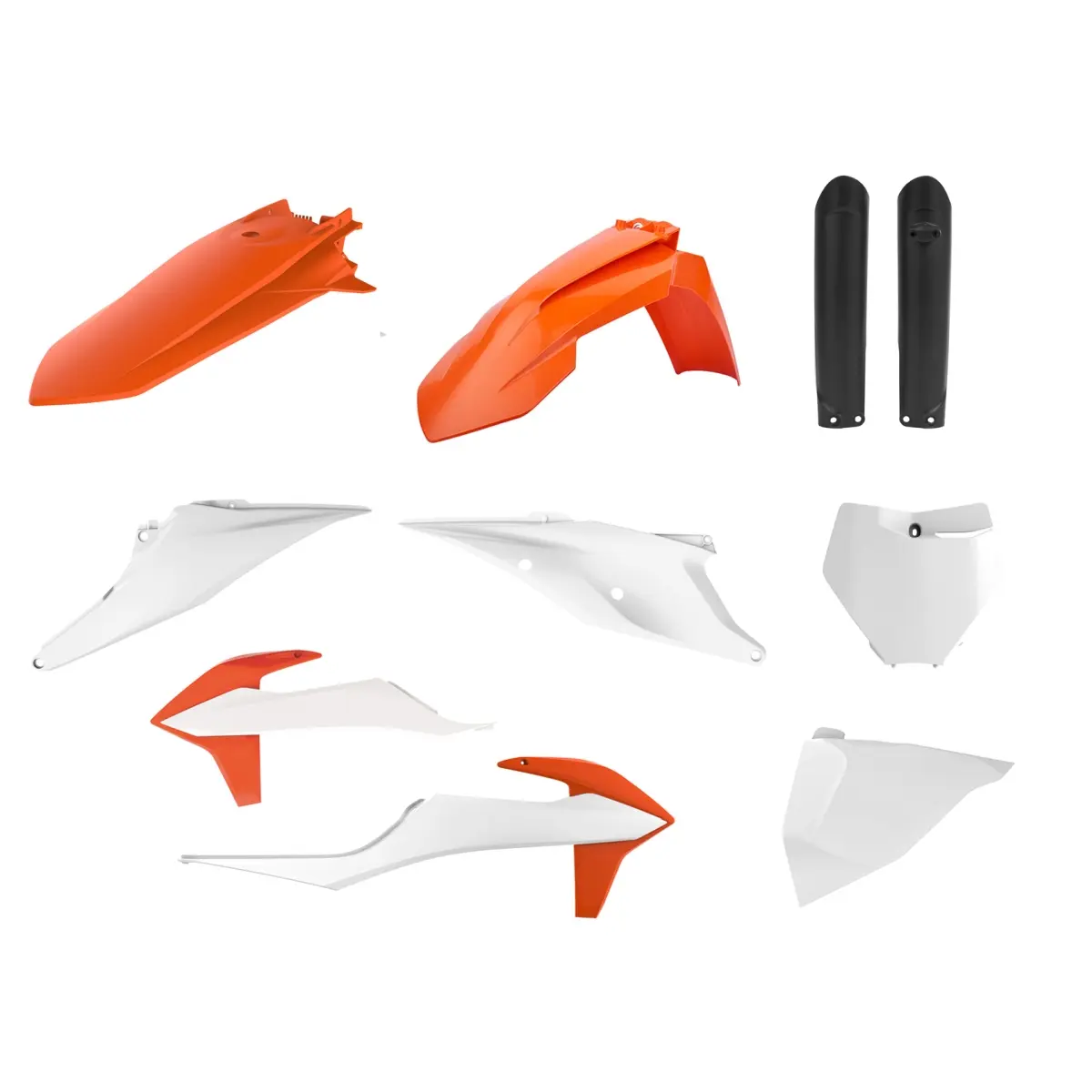 POLISPORT kompletní sada plastů (FULL KIT) KTM SX/SX-F 19-22 v sadě přední tabulka (8666400008) a kryty tlumičů (8398600003) barva oranžová bílá OEM