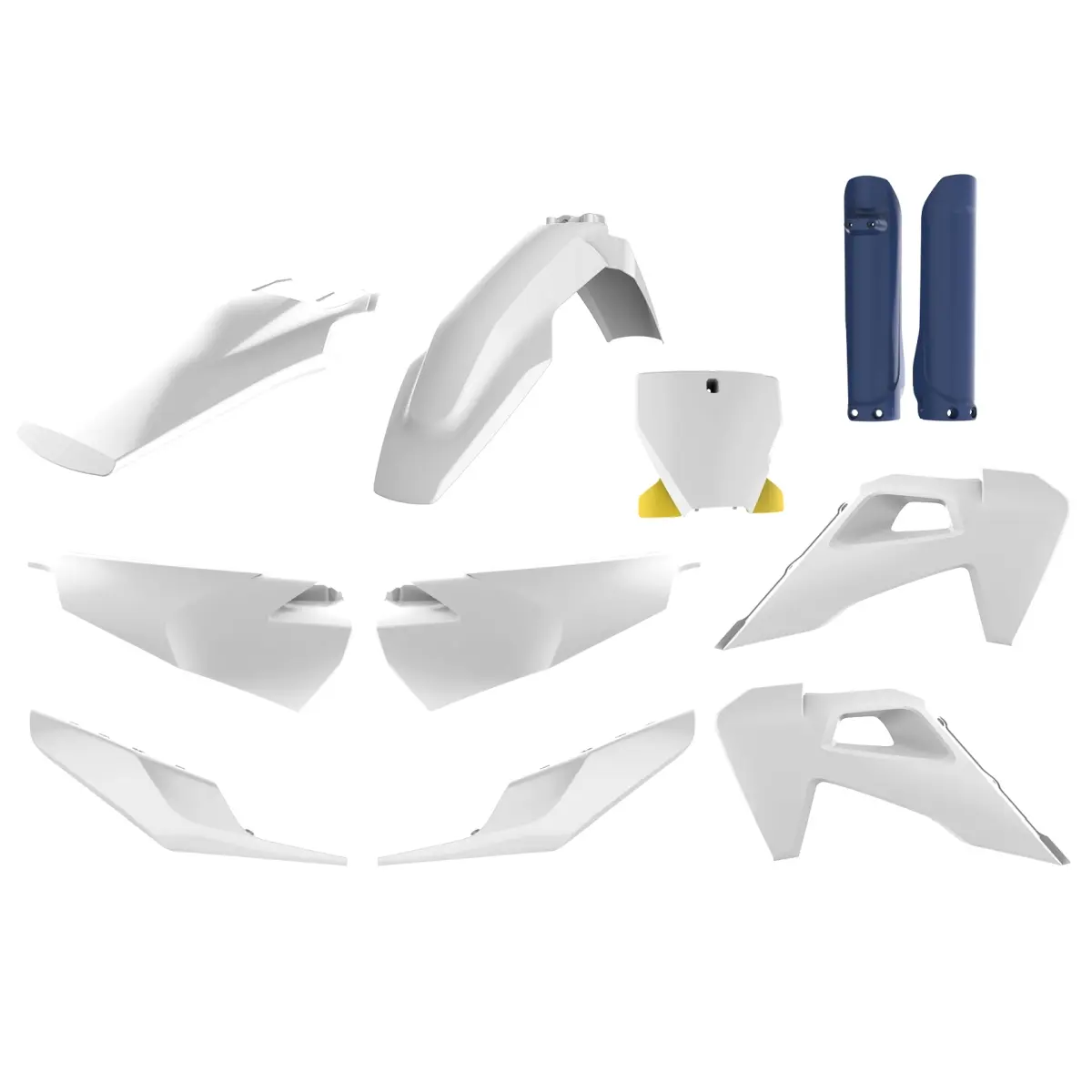 POLISPORT kompletní sada plastů (FULL KIT) HUSQVARNA TC/FC TPI 19-22 v sadě přední tabulka (8666500006) a kryty tlumičů (8398900003) barva bílá modrá
