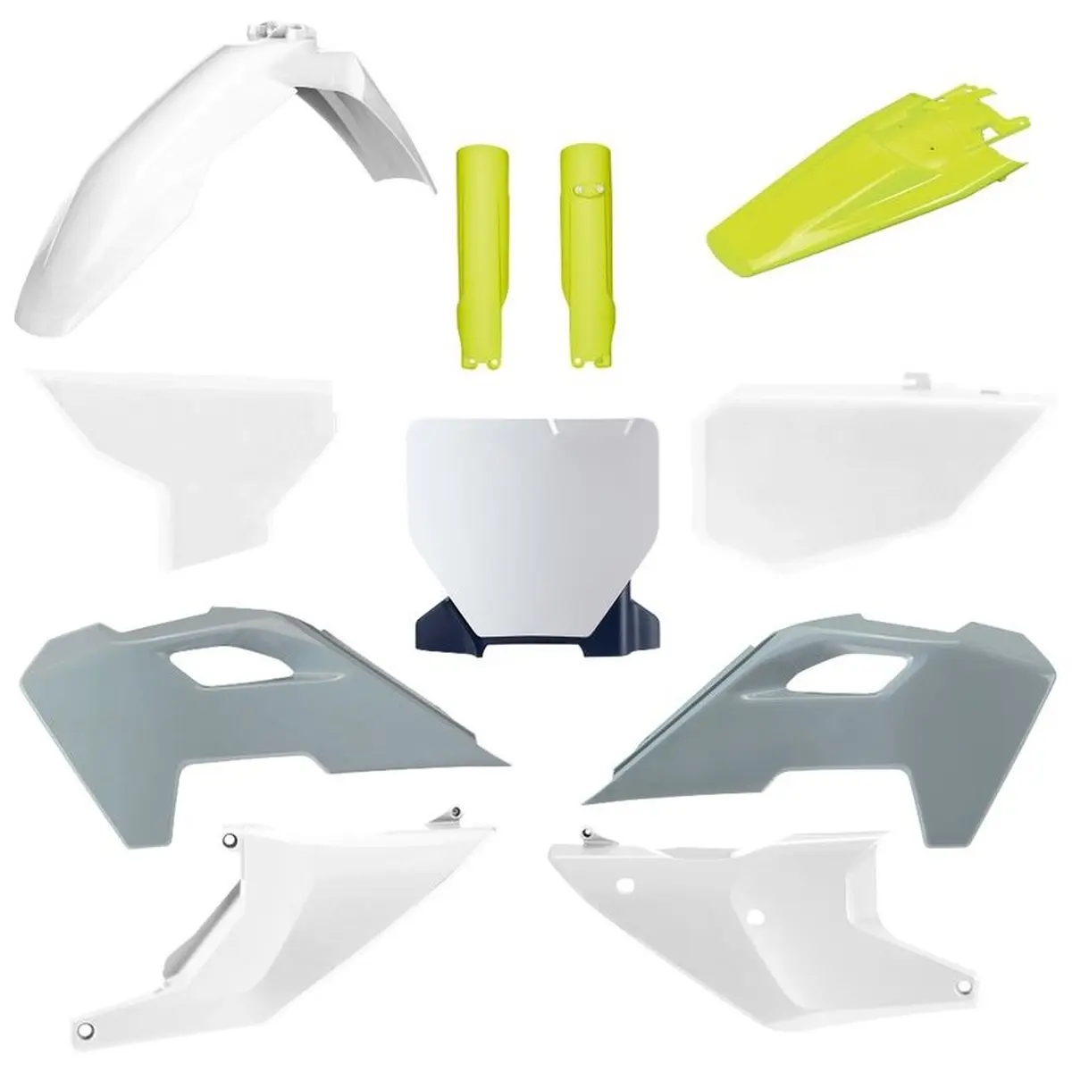 POLISPORT kompletní sada plastů (FULL KIT) HUSQVARNA TC/FC 23-24 v sadě přední tabulka (8671700001) a kryty tlumičů (8352500004) barva šedá bílá OEM