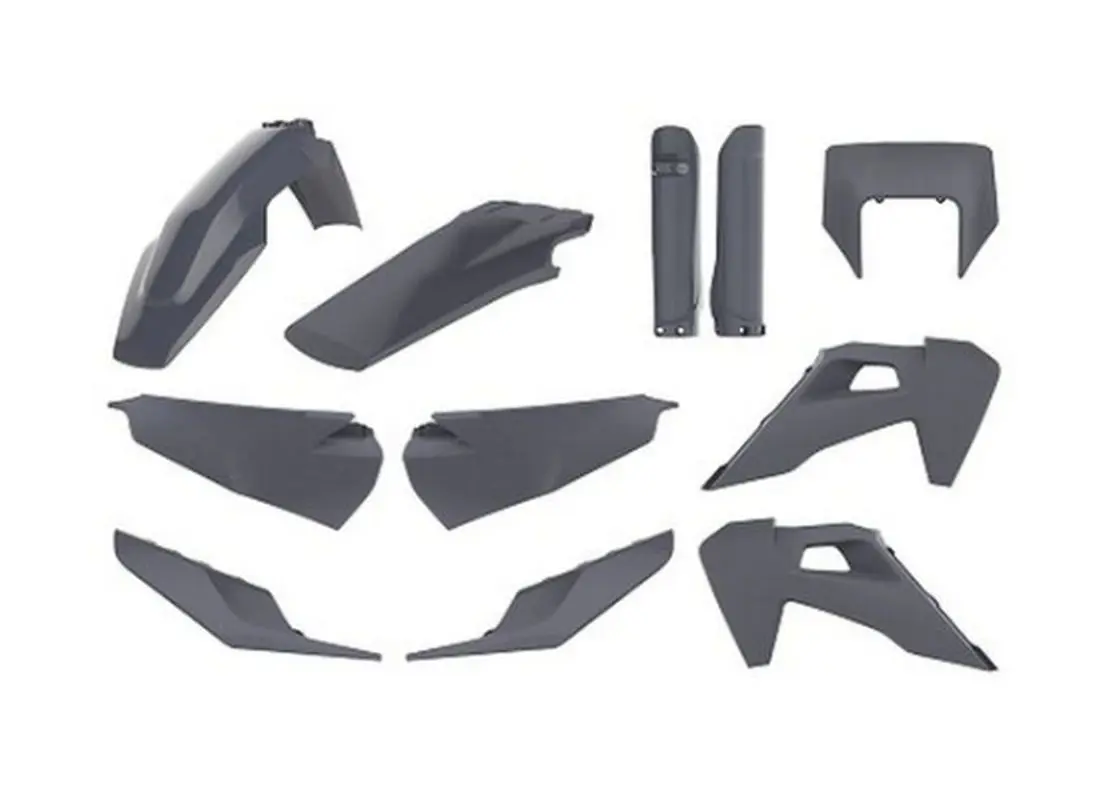 POLISPORT kompletní sada plastů HUSQVARNA TE/FE TPI 20-23 v sadě kryt předního světlometu (8398900006) a kryty tlumičů (8398600004) barva šedá
