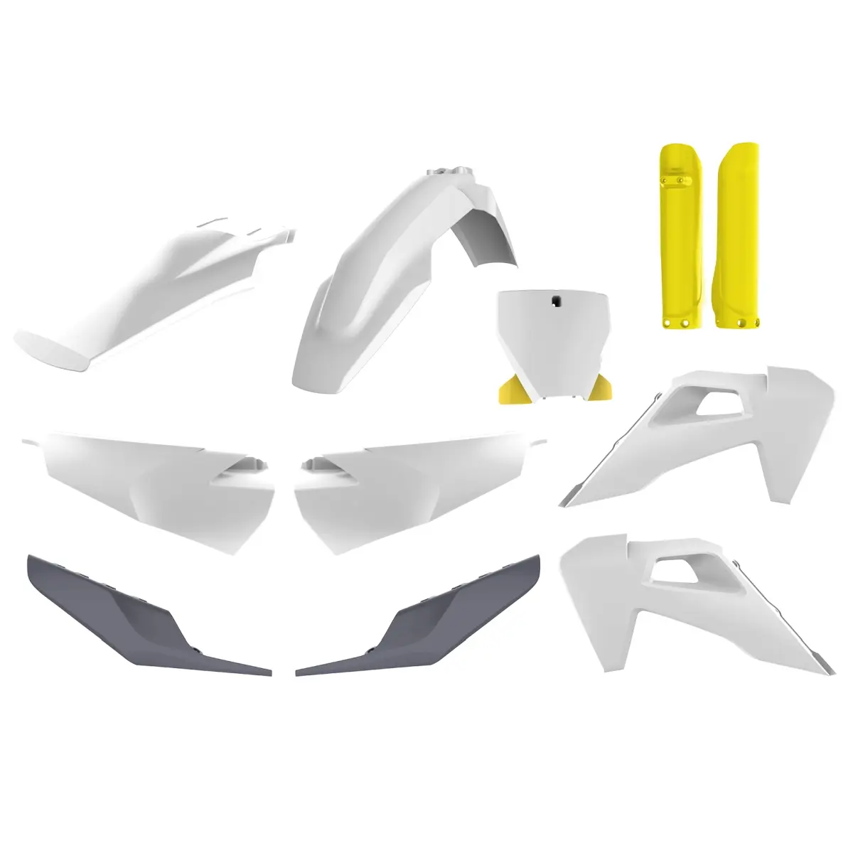 POLISPORT kompletní sada plastů (FULL KIT) HUSQVARNA TC/FC TPI 19-22 v sadě přední tabulka (8666500006) a kryty tlumičů (8398900004) barva bílo šedo