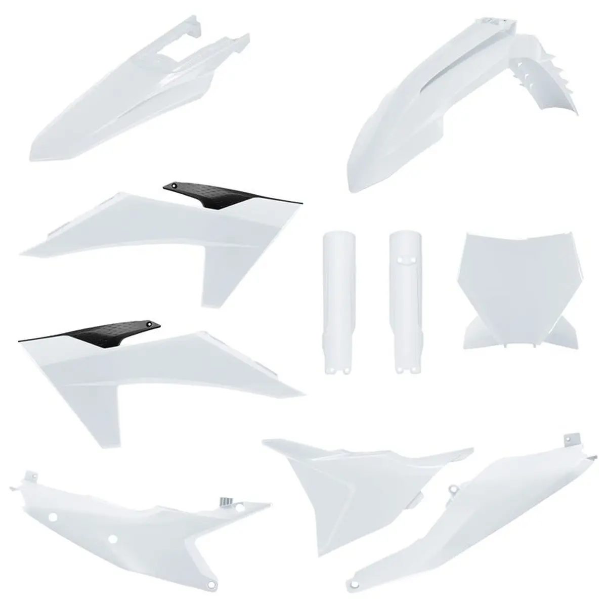 POLISPORT kompletní sada plastů (FULL KIT) KTM SX/SX-F/XC/XC-F 23-24 v sadě přední tabulka (8672000002) a kryty tlumičů (8352500001) barva bílá