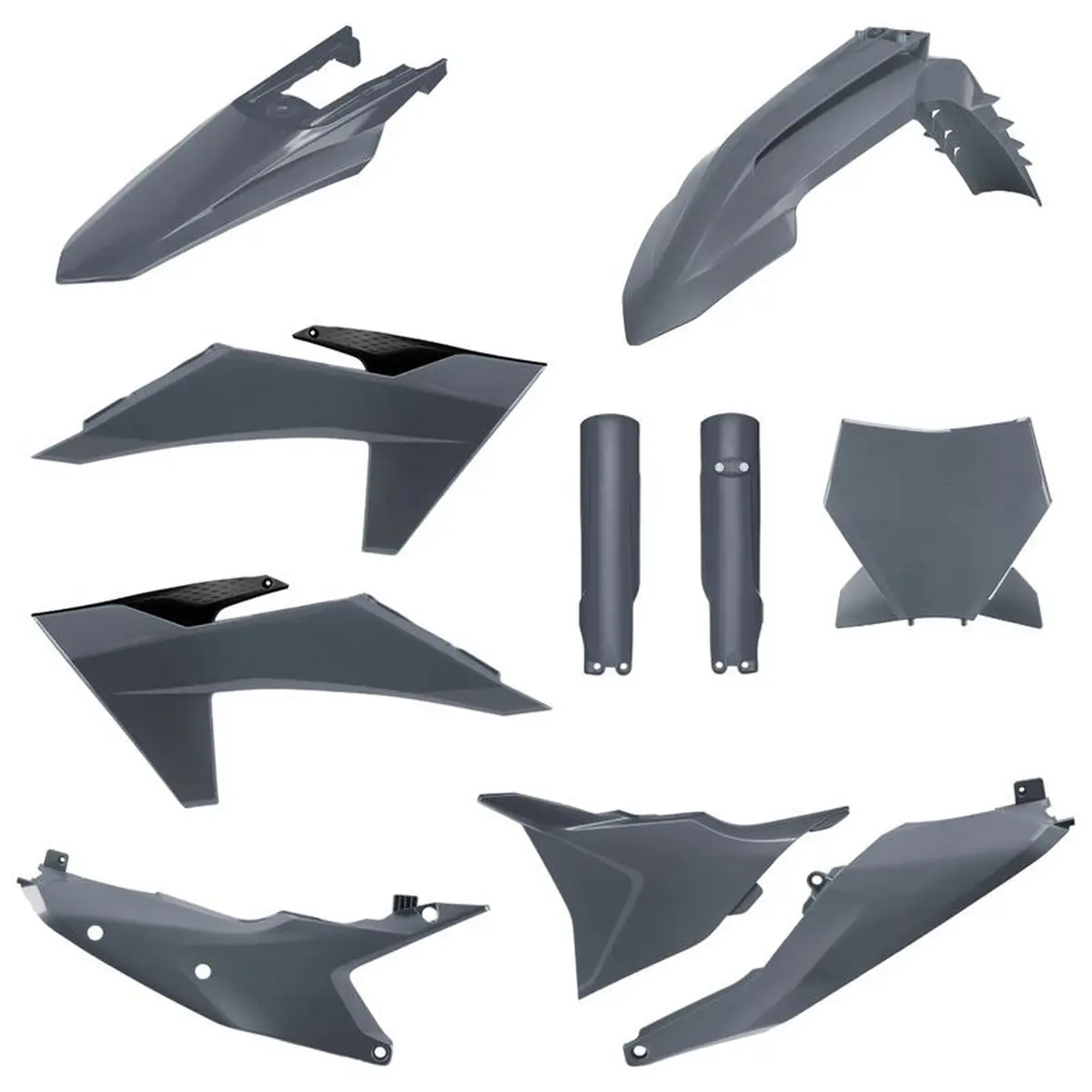 POLISPORT kompletní sada plastů (FULL KIT) KTM SX/SX-F/XC/XC-F 23-24 v sadě přední tabulka (8672000004) a kryty tlumičů (8352500003) barva šedá