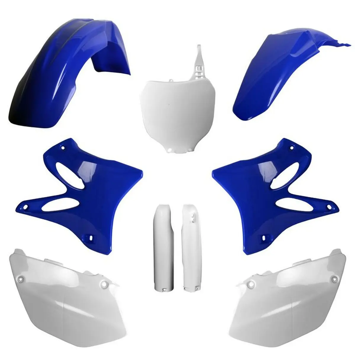 POLISPORT kompletní sada plastů (FULL KIT) YAMAHA YZ 125/250 05 v sadě tabulka přední (8658000001) a kryty tlumičů (8398100001) barva modrá bílá OEM