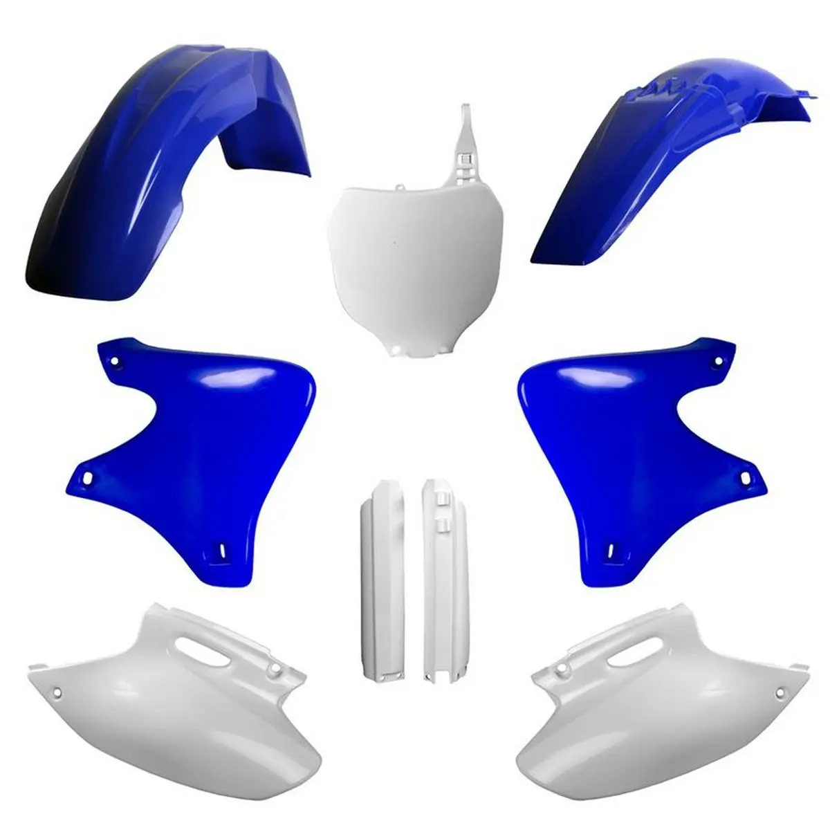 POLISPORT kompletní sada plastů (FULL KIT) YAMAHA YZ 250F 01-02 v sadě přední tabulka (8658000001) i kryty tlumičů (8392000001) barva modrá bílá OEM