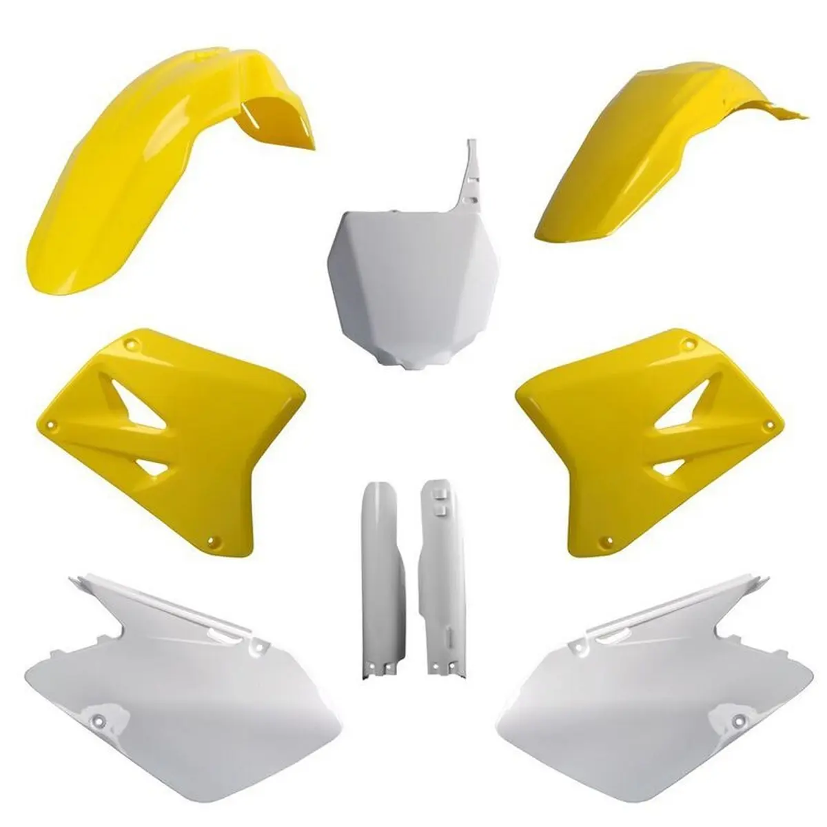 POLISPORT kompletní sada plastů (FULL KIT) SUZUKI RM 125/250 01-06 v sadě tabulka přední (8660400001) a kryty tlumičů (8351100001) barva žlutá bílá