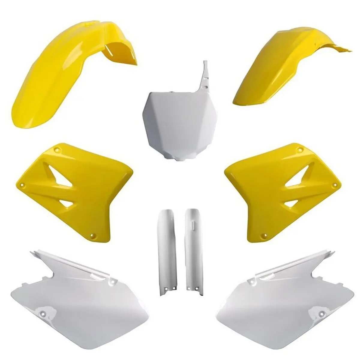 POLISPORT kompletní sada plastů (FULL KIT) SUZUKI RM 125/250 07-08 v sadě tabulka přední (8660400001) a kryty tlumičů (8398300001) barva žlutá bílá