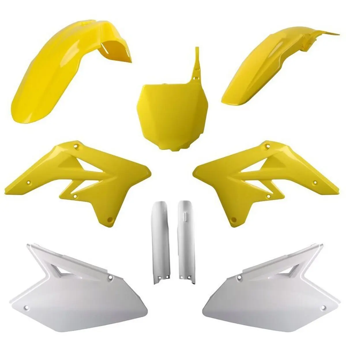 POLISPORT kompletní sada plastů (FULL KIT) SUZUKI RMZ 250 07-09 v sadě tabulka přední (8660400002) a kryty tlumičů (8398300001) barva žlutá bílá