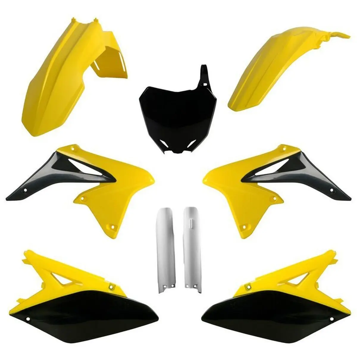 POLISPORT kompletní sada plastů (FULL KIT) SUZUKI RMZ 250 10-18 v sadě tabulka přední (8660400002) a kryty tlumičů (8398300001) barva žlutá bílá černá