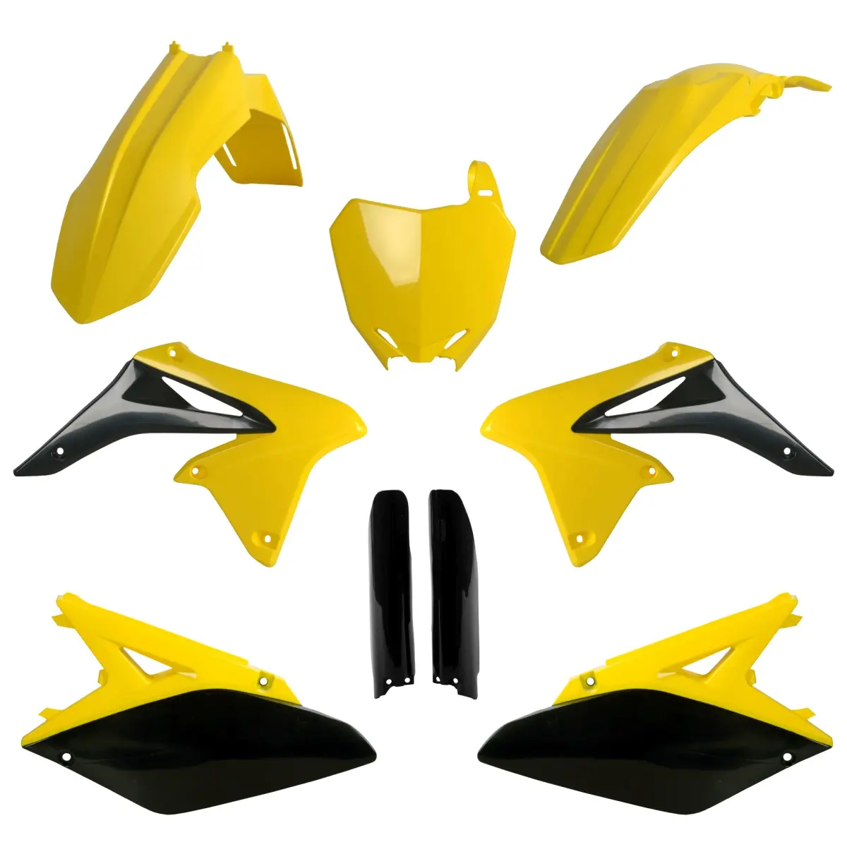 POLISPORT kompletní sada plastů (FULL KIT) SUZUKI RMZ 250 10-18 v sadě přední tabulka (8659300001) a kryty tlumičů (8398300002) barva žlutá černá ( )