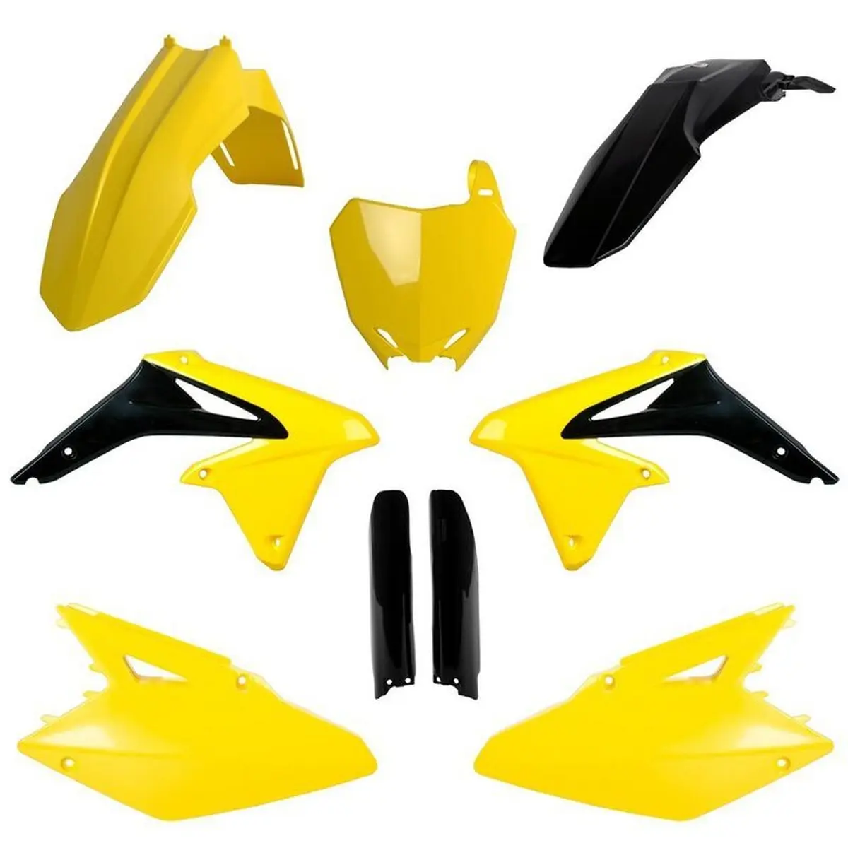 POLISPORT kompletní sada plastů (FULL KIT) SUZUKI RMZ 450 08-17 v sadě tabulka přední (8659300001) a kryty tlumičů (8398300002) barva žlutá černá OEM