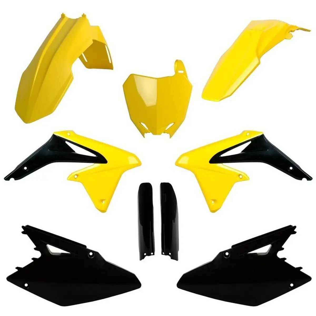POLISPORT kompletní sada plastů (FULL KIT) SUZUKI RMZ 450 08-17 v sadě tabulka přední (8659300001) a kryty tlumičů (8398300002) barva černá žlutá OEM
