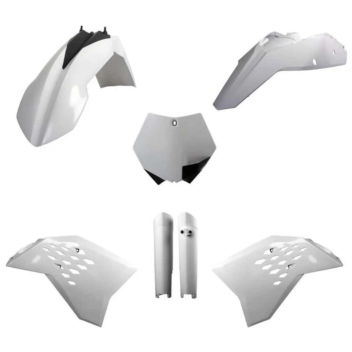 POLISPORT kompletní sada plastů (FULL KIT) KTM SX/SX-F/XC-F 08-10 v sadě tabulka přední (8664400007) i kryty tlumičů (8398500002) barva bílá