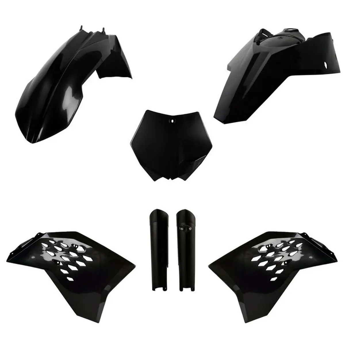 POLISPORT kompletní sada plastů (FULL KIT) KTM SX/SX-F/XC-F 08-10 v sadě tabulka přední (8664400002) a kryty tlumičů (8398500003) barva černá