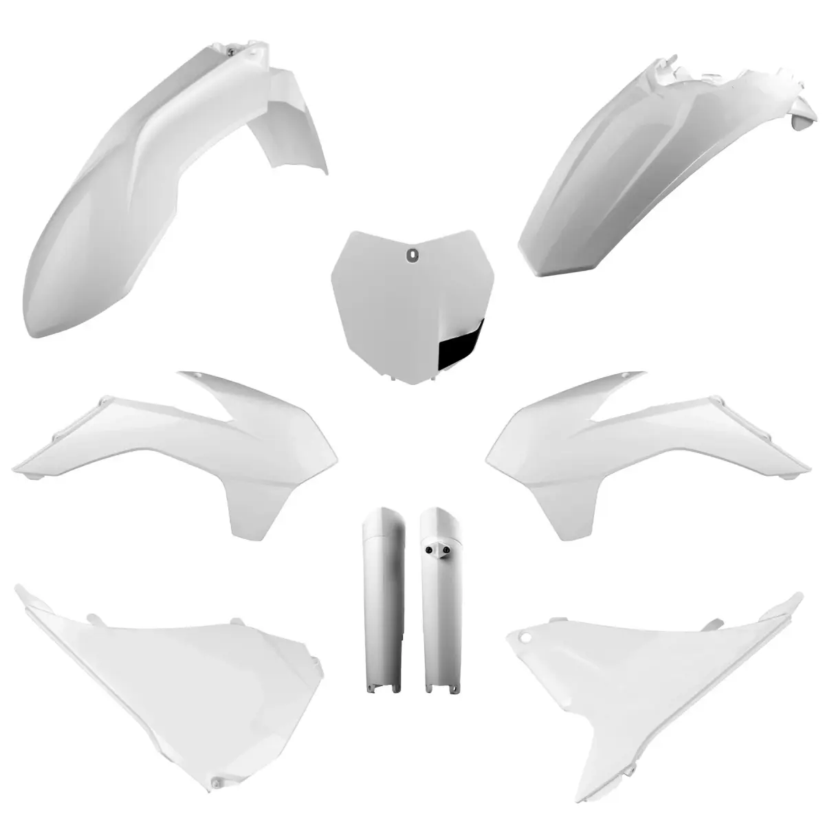 POLISPORT kompletní sada plastů (FULL KIT) KTM SX/SX-F/XC-F 13-14 v sadě tabulka přední (8659100002) a kryty tlumičů (8398500002) barva bílá