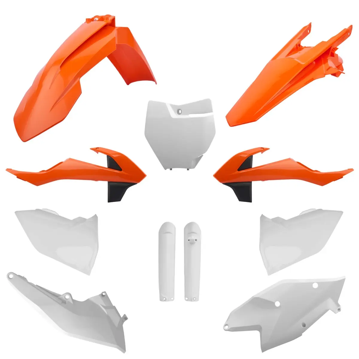 POLISPORT kompletní sada plastů (FULL KIT) KTM SX/SX-F/XC-F 16-18 v sadě přední tabulka (8664900002) a kryty tlumičů (8398600002) barva bílá oranžová