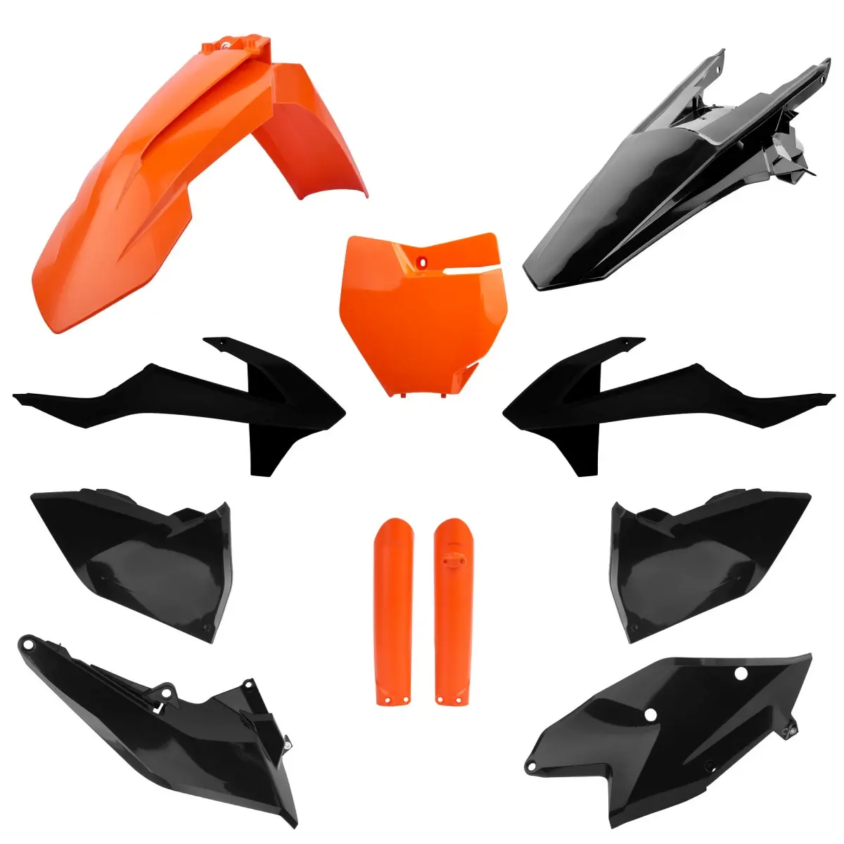POLISPORT kompletní sada plastů (FULL KIT) KTM SX/SX-F/XC-F 16-18 v sadě přední tabulka (8664900001) a kryty tlumičů (8398600005) barva černá oranžová