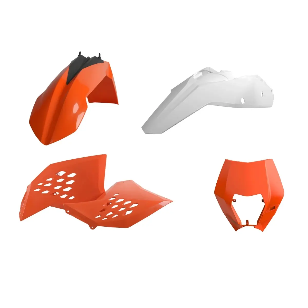 POLISPORT kompletní sada plastů (FULL KIT) KTM EXC/EXC-F 08-11 v sadě tabulka přední (8666700001) a kryty tlumičů (8398500002) barva oranžová bílá OEM