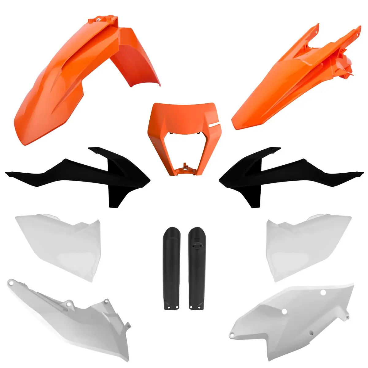 POLISPORT kompletní sada plastů (FULL KIT) KTM EXC/EXC-F TPI 17-19 v sadě kryt světla (8666800006) a kryty tlumičů (8398600003) barva oranžová bílá