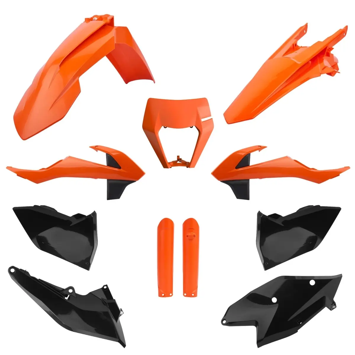 POLISPORT kompletní sada plastů (FULL KIT) KTM EXC/EXC-F TPI 17-19 v sadě kryt světla (8666800006) a kryty tlumičů (8398600001) barva oranžová černá