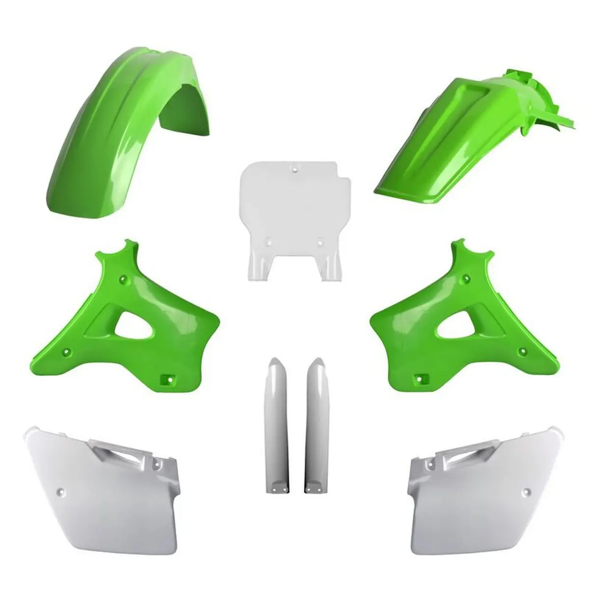 POLISPORT kompletní sada plastů (FULL KIT) KAWASAKI KX 125/250 94-95 v sadě tabulka přední (8672800002) i kryty tlumičů (8395000001) barva zelená OEM