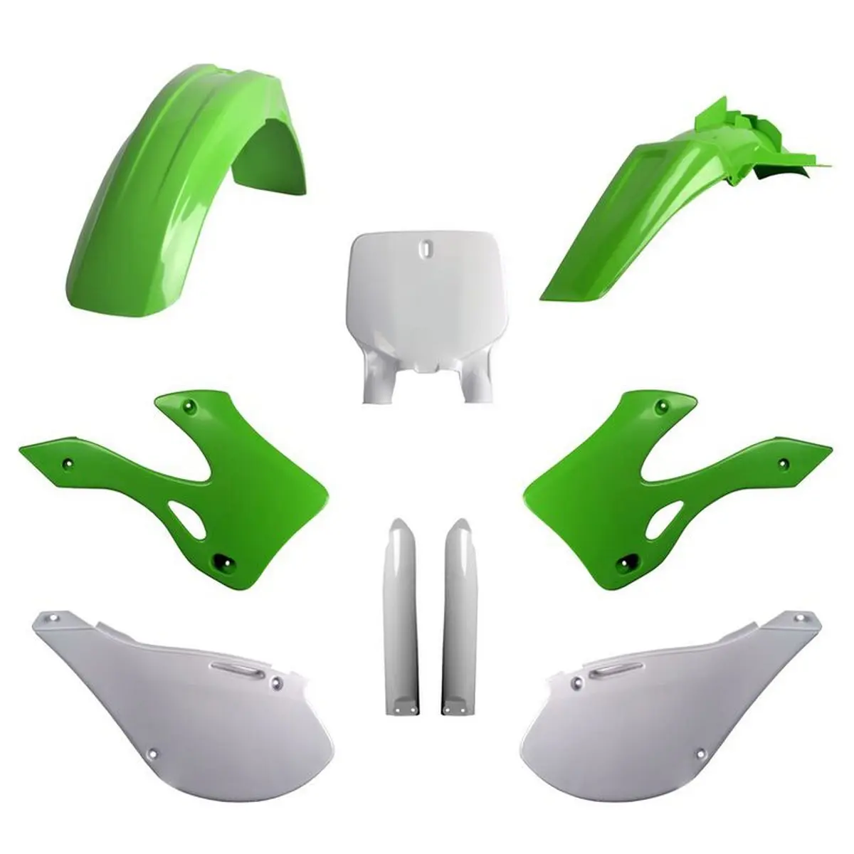 POLISPORT kompletní sada plastů (FULL KIT) KAWASAKI KX 125/250 99-02 v sadě tabulka přední (8677000001) i kryty tlumičů (8395000001) barva zelená OEM