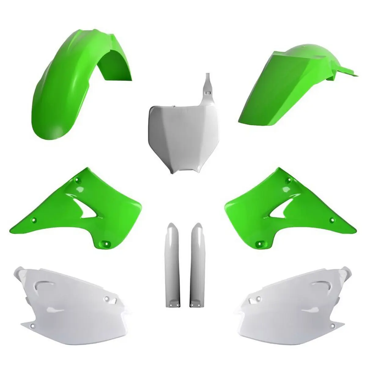 POLISPORT kompletní sada plastů (FULL KIT) KAWASAKI KX 125/250 03 v sadě tabulka přední (8660800002) i kryty tlumičů (8395000001) barva zelená OEM