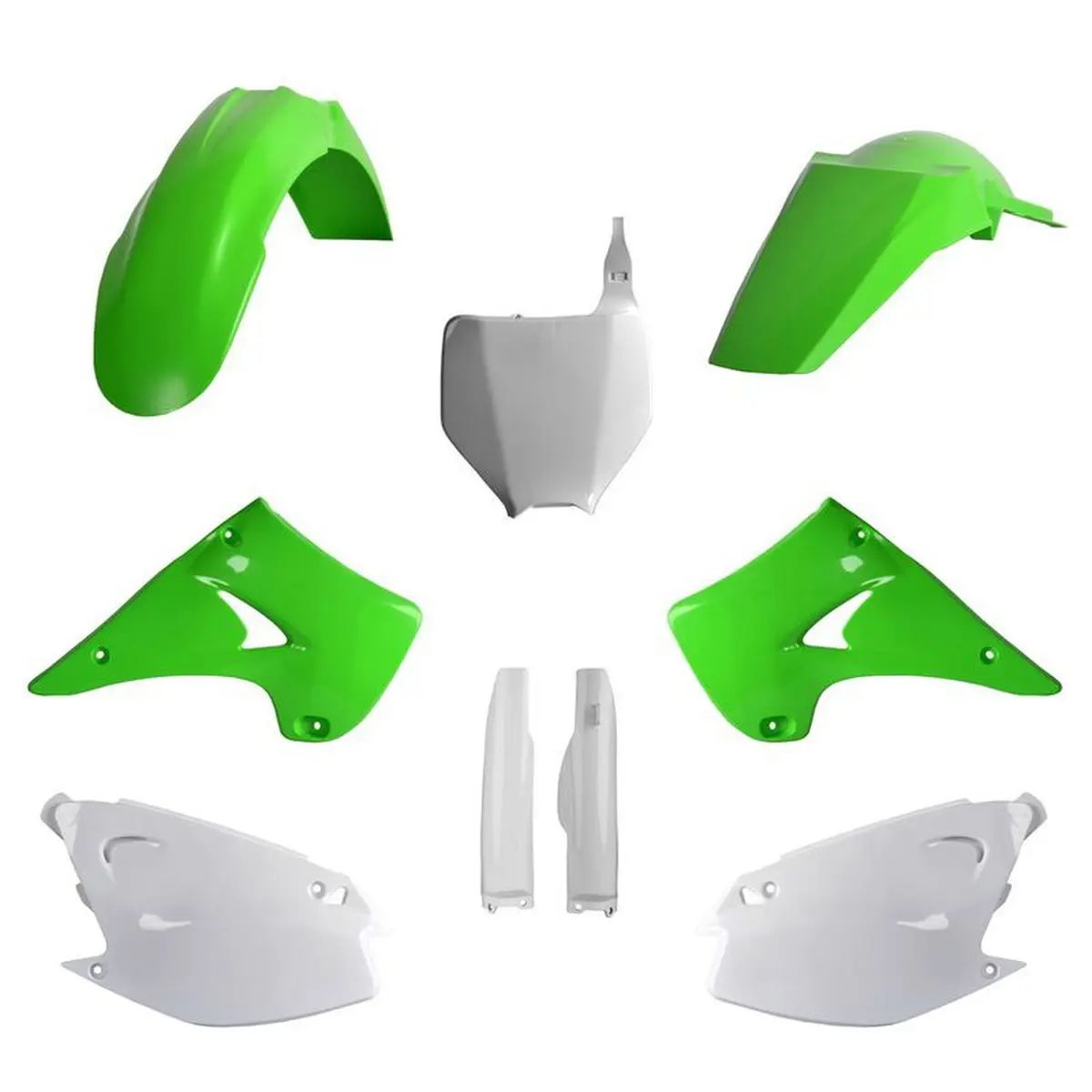 POLISPORT kompletní sada plastů (FULL KIT) KAWASAKI KX 125/250 04-08 v sadě tabulka přední (8660800002) i kryty tlumičů (8398000001) barva zelená OEM