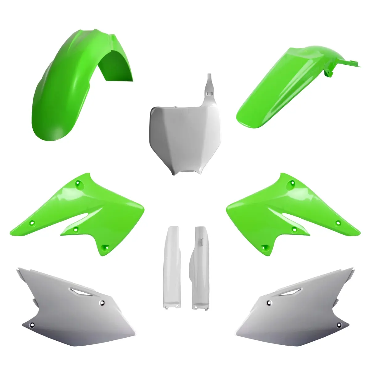 POLISPORT kompletní sada plastů (FULL KIT) KAWASAKI KX 250F 04-05 v sadě přední tabulka (8660800002) a kryty tlumičů (8398000001) barva zelená OEM