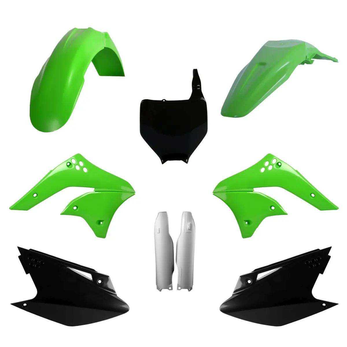POLISPORT kompletní sada plastů (FULL KIT) KAWASAKI KX 250F 06-08 v sadě přední tabulka (8660800001) a kryty tlumičů (8351200001) barva zelená černá