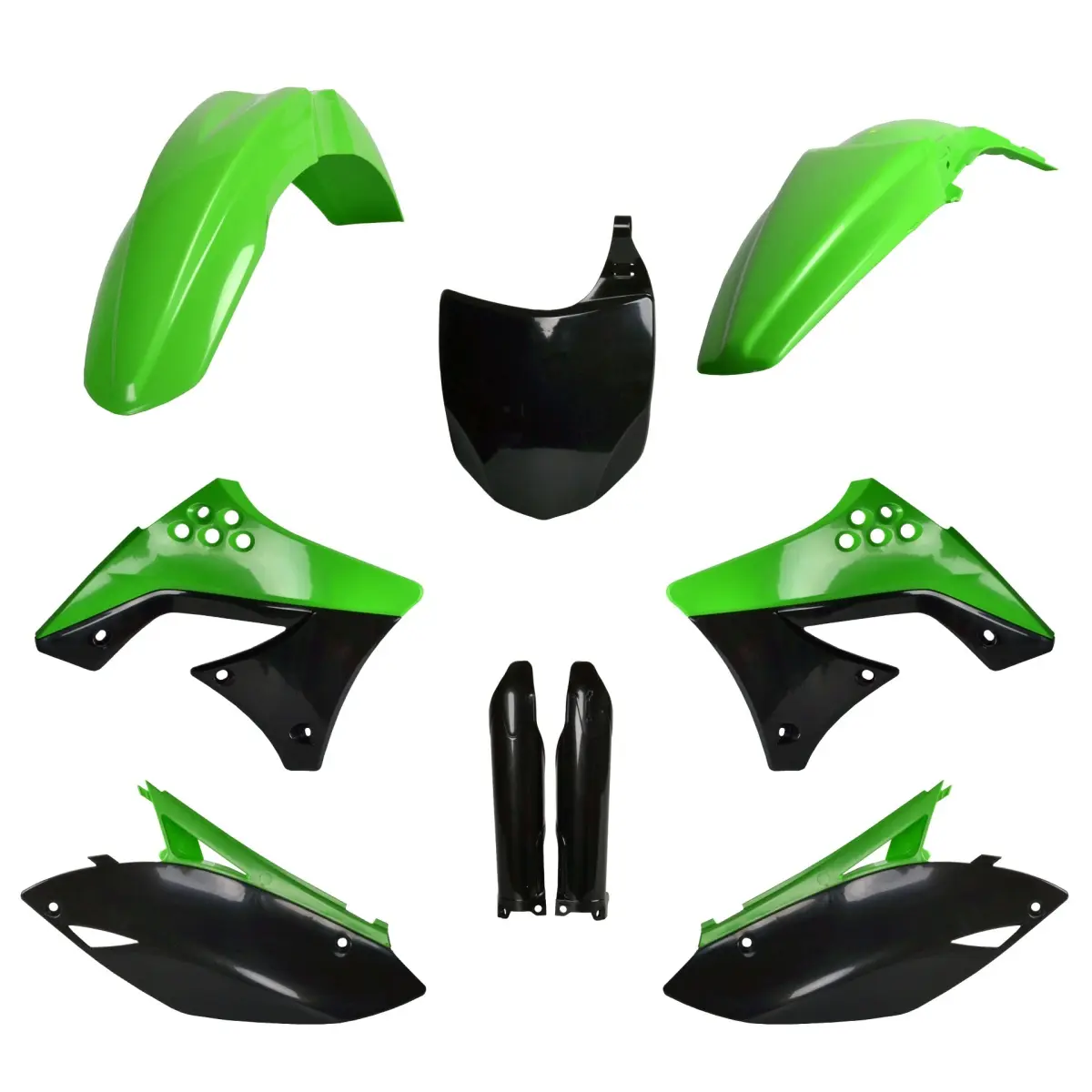 POLISPORT kompletní sada plastů (FULL KIT) KAWASAKI KX 250F 09-12 v sadě přední tabulka (8660800002) a kryty tlumičů (8398000001) barva zelená černá