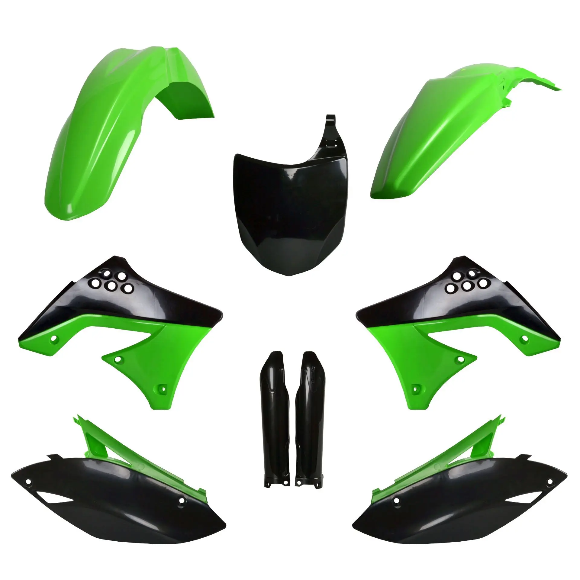 POLISPORT kompletní sada plastů (FULL KIT) KAWASAKI KX 250F 09-12 v sadě přední tabulka (8660800002) a kryty tlumičů (8398000001) barva černá zelená