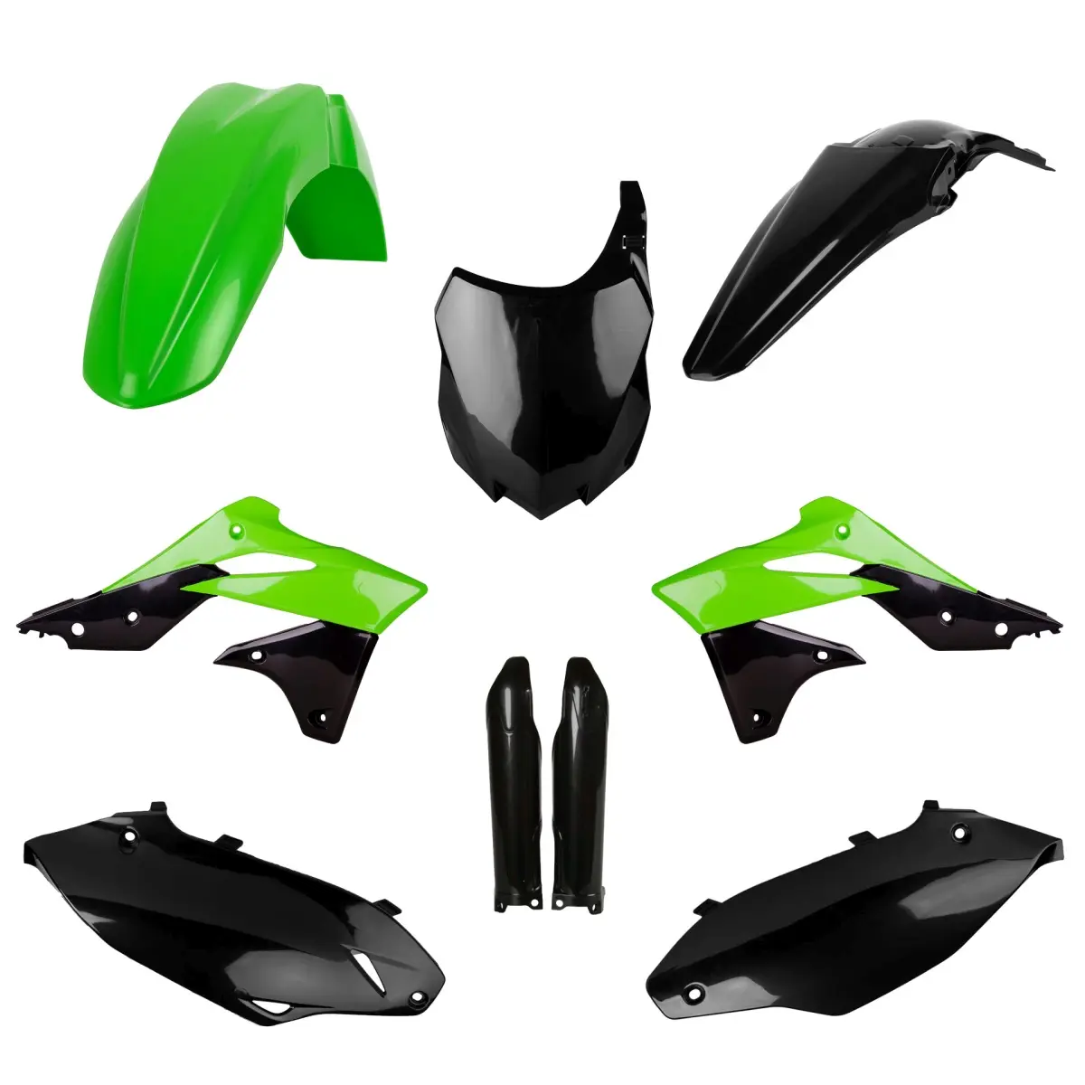 POLISPORT kompletní sada plastů (FULL KIT) KAWASAKI KX 250F 13-16 v sadě přední tabulka (8659200003) a kryty tlumičů (8351800002) barva zelená černá