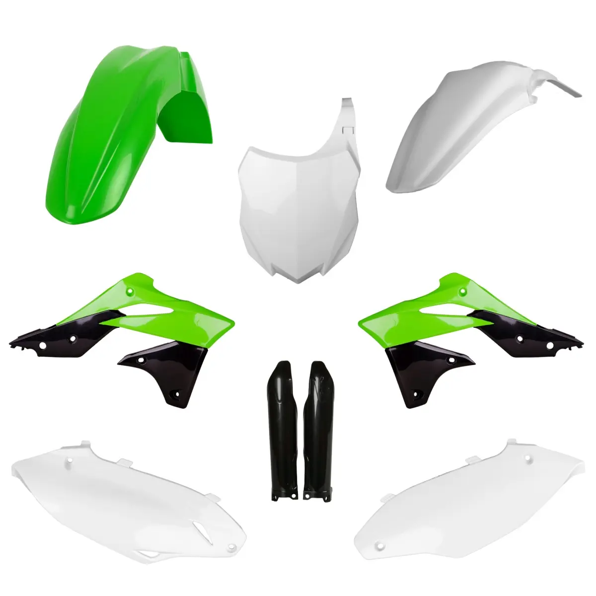 POLISPORT kompletní sada plastů (FULL KIT) KAWASAKI KX 250F 13-16 v sadě přední tabulka (8659200003) a kryty tlumičů (8351800002) barva zelená černá