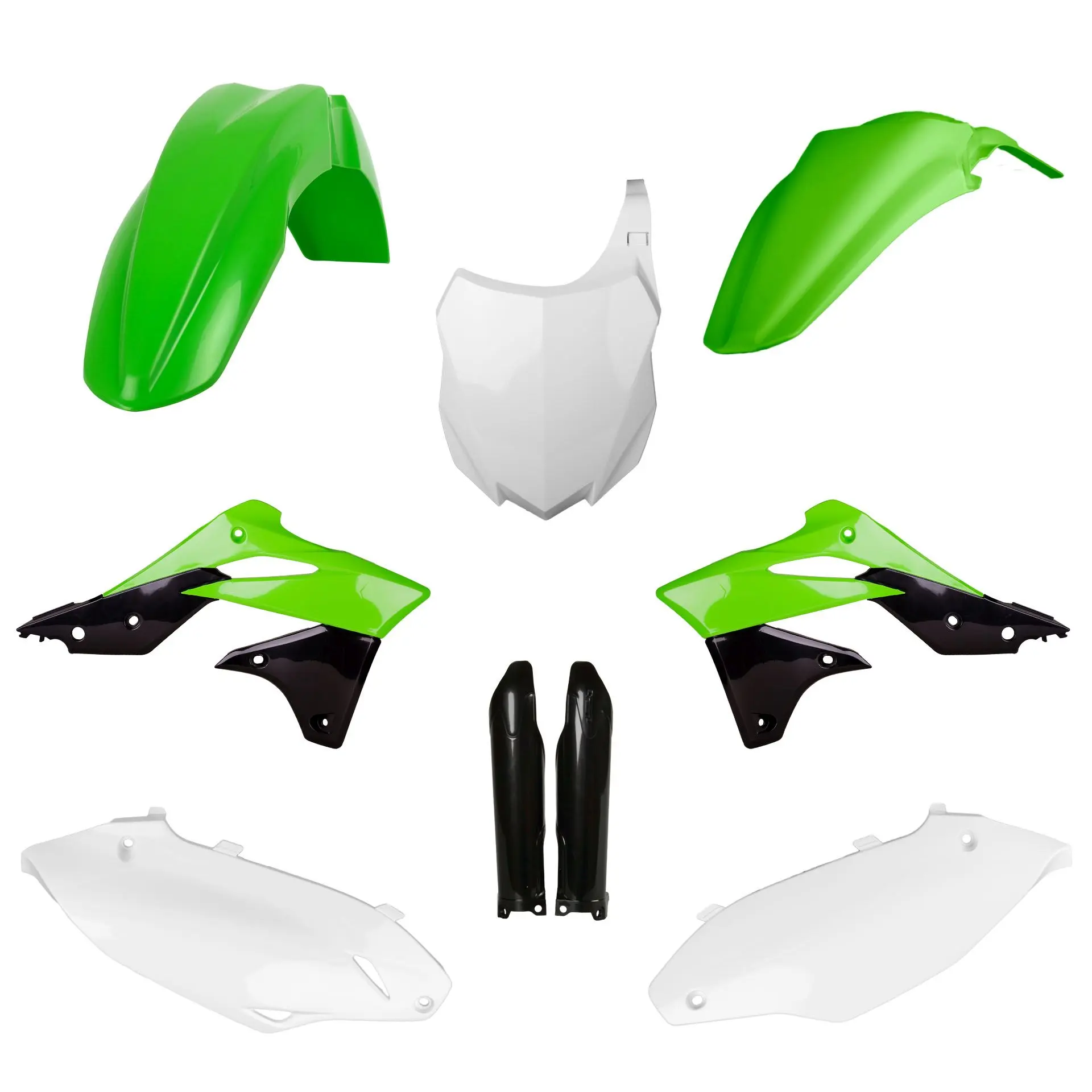 POLISPORT kompletní sada plastů (FULL KIT) KAWASAKI KX 250F 13-16 v sadě přední tabulka (8659200003) a kryty tlumičů (8351800002) barva zelená bílá