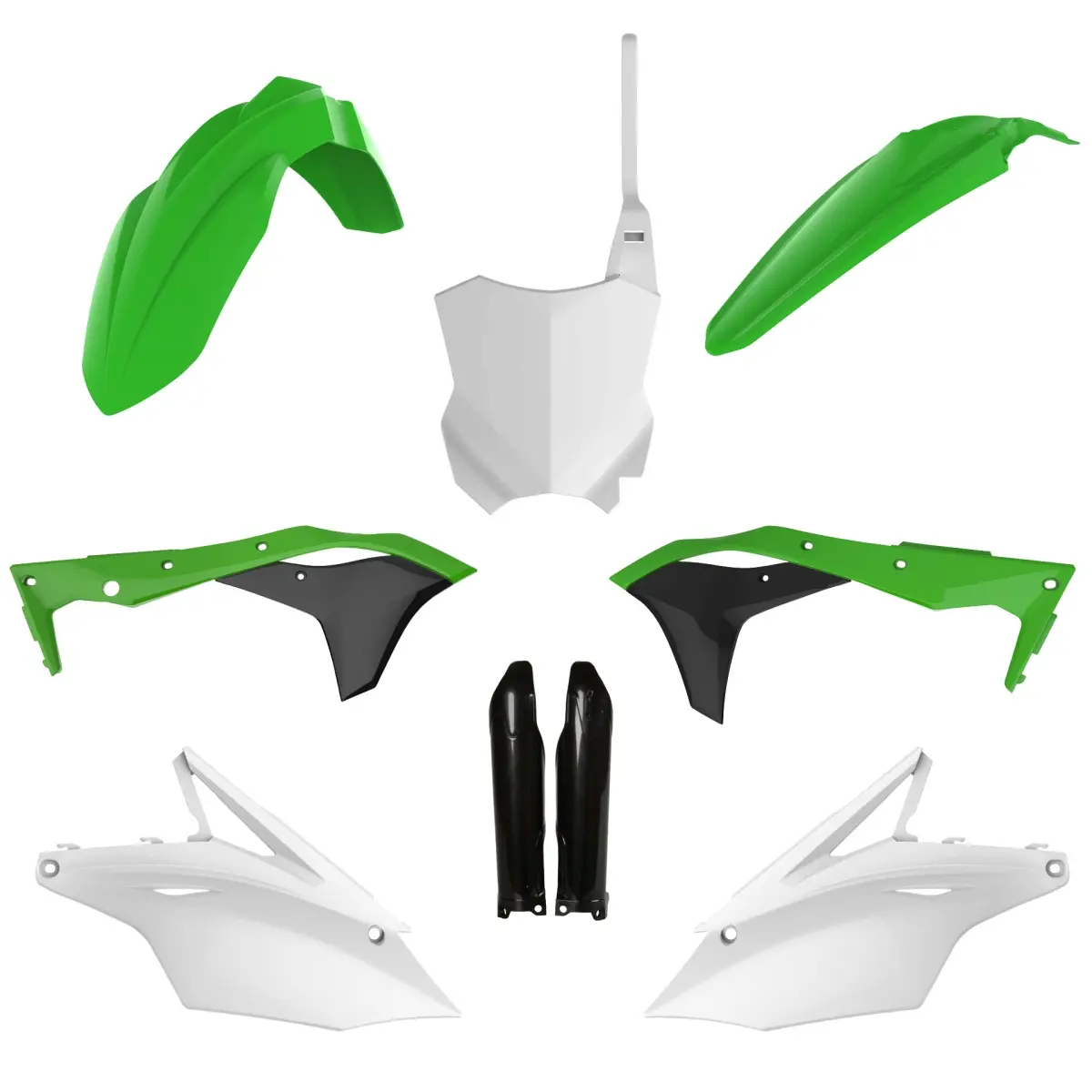 POLISPORT kompletní sada plastů (FULL KIT) KAWASAKI KX 250F 17-20 v sadě přední tabulka (8665900001) a kryty tlumičů (8351800005) barva zelená černá