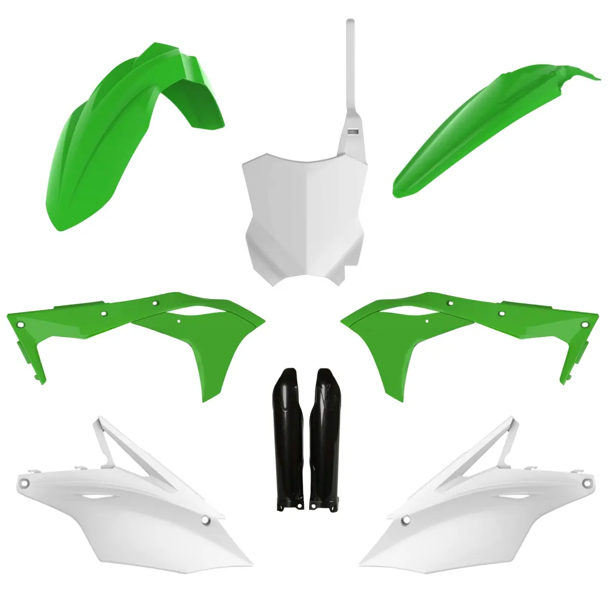 POLISPORT kompletní sada plastů (FULL KIT) KAWASAKI KX 250F 17-20 v sadě přední tabulka (8665900002) a kryty tlumičů (8351800002) barva zelená bílá