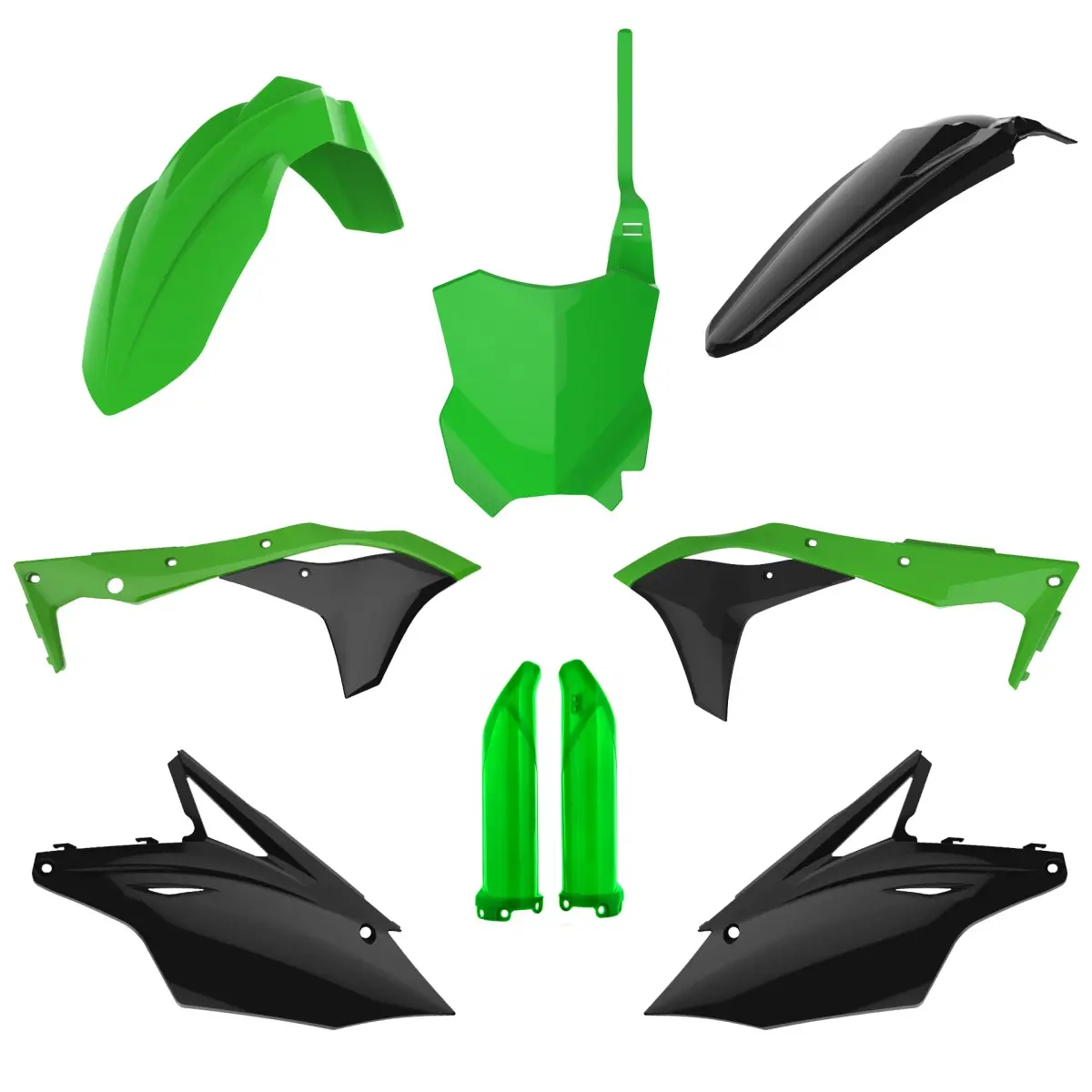 POLISPORT kompletní sada plastů (FULL KIT) KAWASAKI KX 250F 17-20 v sadě přední tabulka (8665900001) a kryty tlumičů (8351800005) barva zelená černá