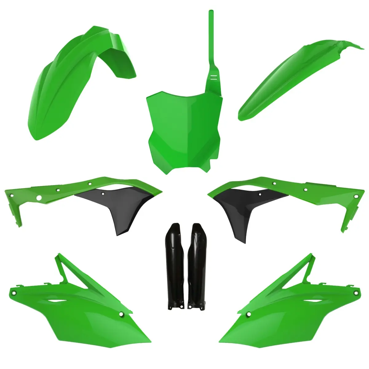 POLISPORT kompletní sada plastů (FULL KIT) KAWASAKI KX 250F 17-20 v sadě přední tabulka (8665900001) a kryty tlumičů (8351800002) barva zelená černá