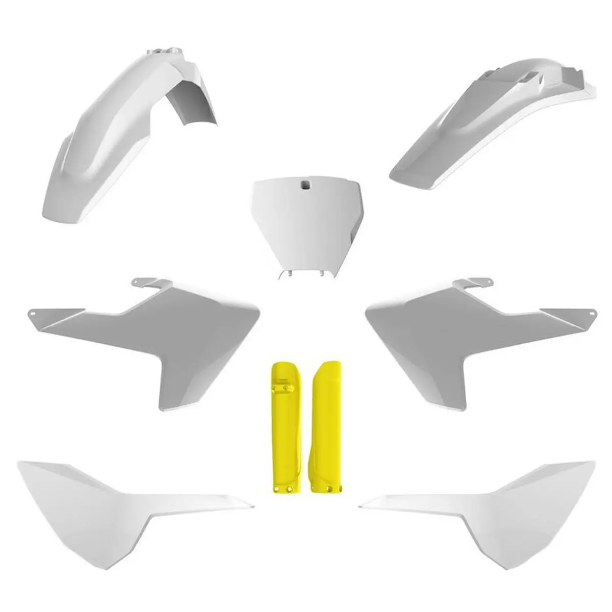 POLISPORT kompletní sada plastů (FULL KIT) HUSQVARNA TC/FC 16-18 v sadě tabulka přední (8665800002) i kryty tlumičů (8398900004) barva bílá