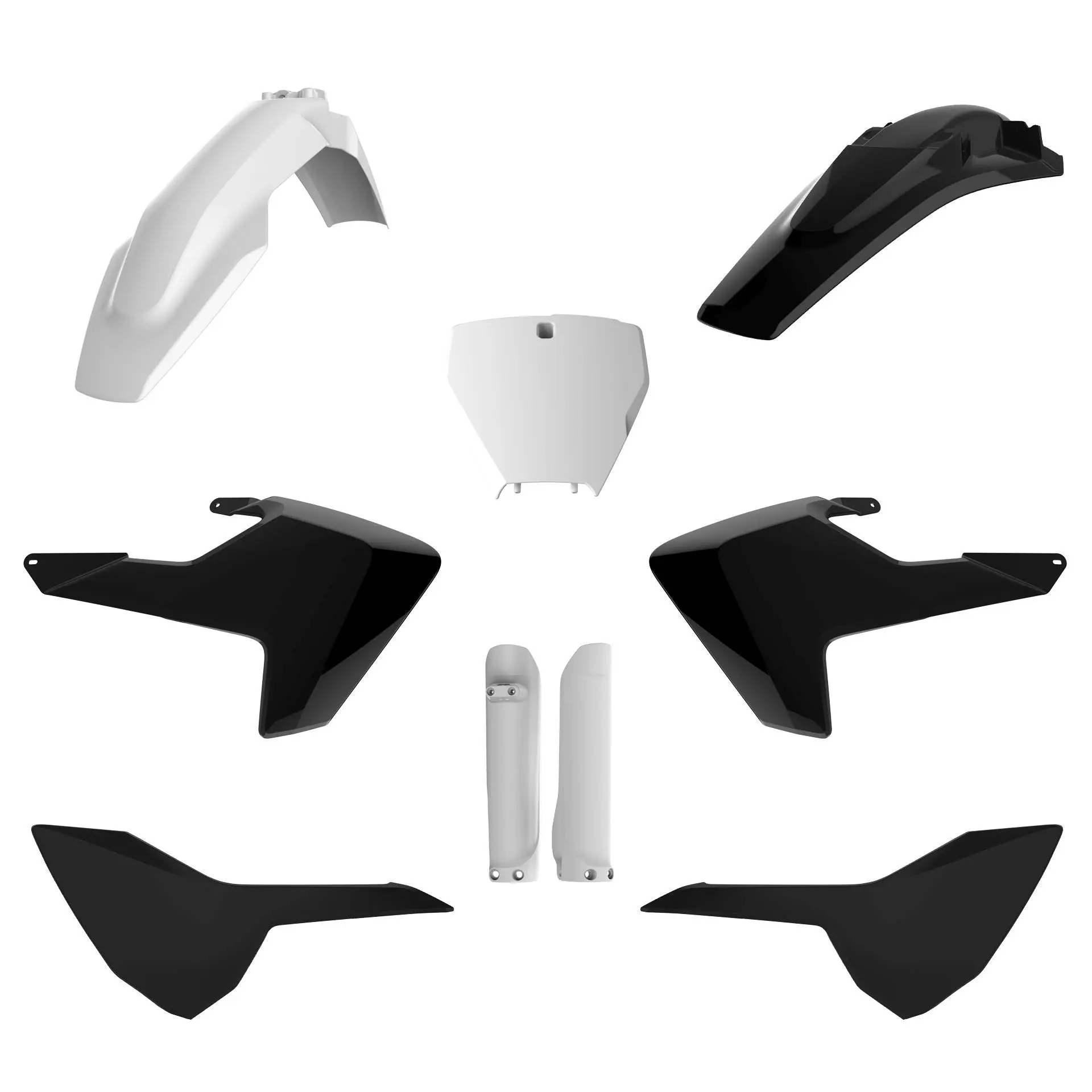 POLISPORT kompletní sada plastů (FULL KIT) HUSQVARNA TC/FC 16-18 v sadě přední tabulka (8665800002) a kryty tlumičů (8398900001) barva černá bílá