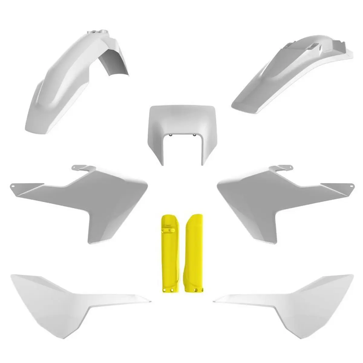 POLISPORT kompletní sada plastů (FULL KIT) HUSQVARNA TE/FE TPI 17-19 v sadě tabulka přední (8666900002) i kryty tlumičů (8398900004) barva bílo žlutá