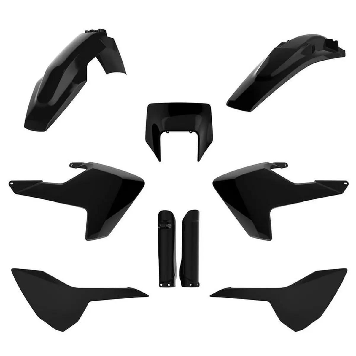POLISPORT kompletní sada plastů (FULL KIT) HUSQVARNA TE/FE TPI 17-19 v sadě tabulka přední (8666900002) i kryty tlumičů (8398900002) barva černá ( )