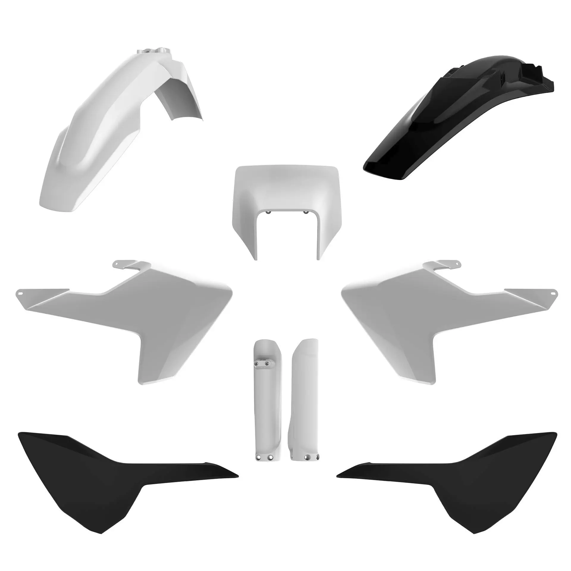 POLISPORT kompletní sada plastů (FULL KIT) HUSQVARNA TE/FE TPI 17-19 v sadě přední tabulka (8666900001) a kryty tlumičů (8398900001) barva černá bílá