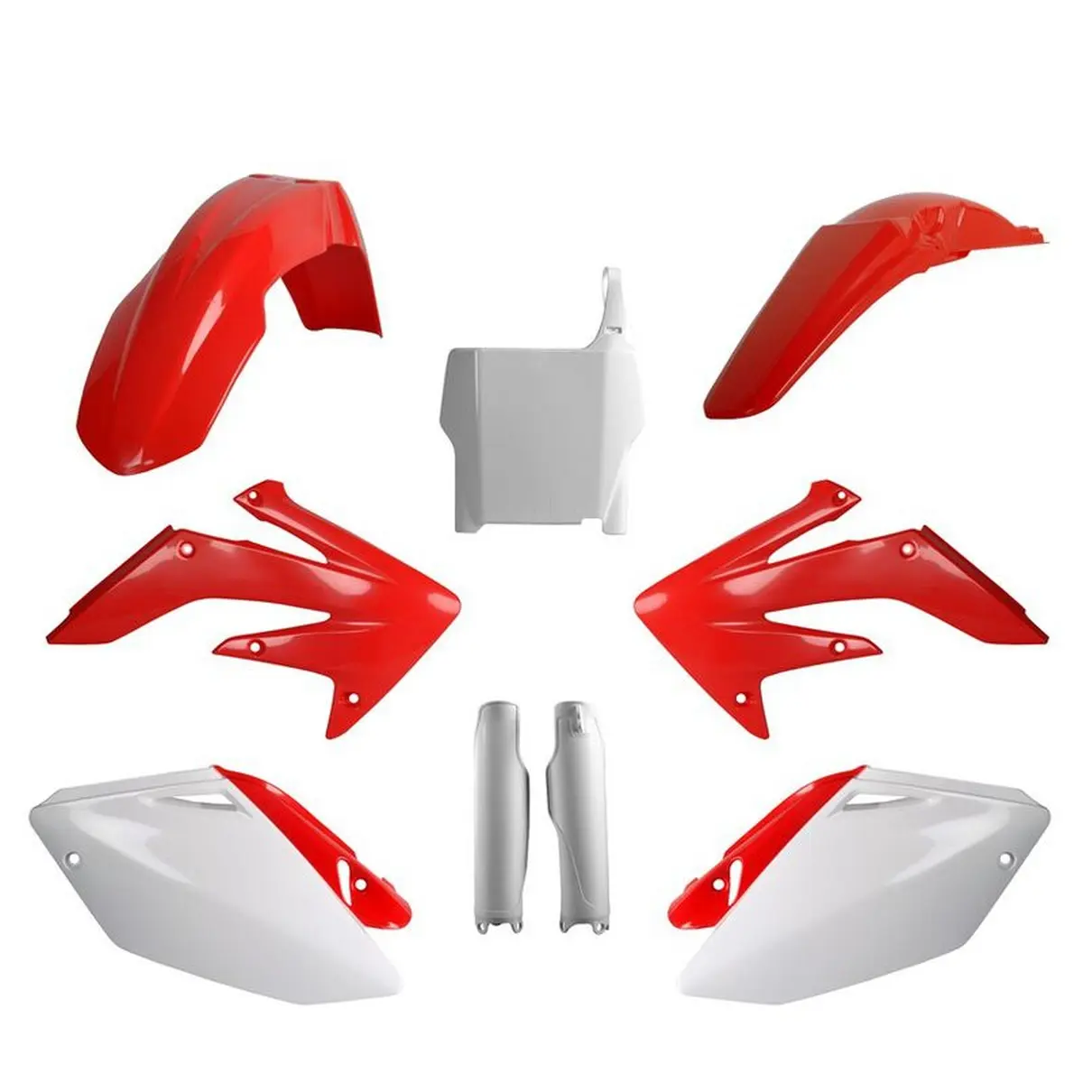 POLISPORT kompletní sada plastů (FULL KIT) HONDA CRF 250R 04-05 v sadě tabulka přední (8661900001) i kryty tlumičů (8351700001) barva červeno bílá OEM