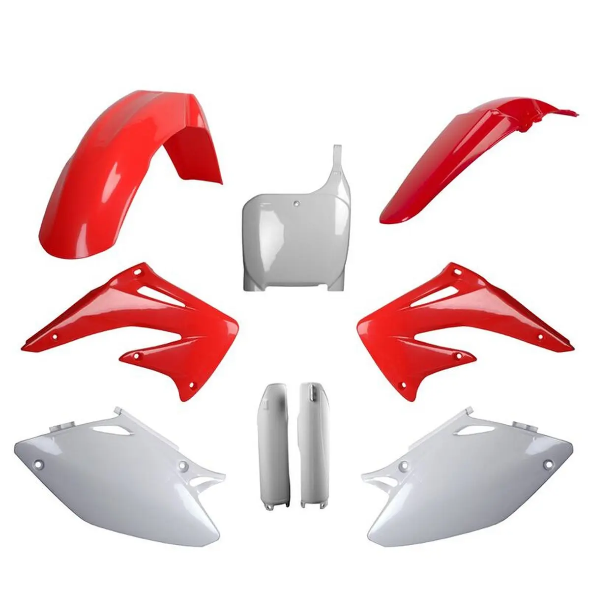 POLISPORT kompletní sada plastů (FULL KIT) HONDA CRF 450R 02-03 v sadě tabulka přední (8657000001) i kryty tlumičů (8394000001) barva červeno bílá OEM