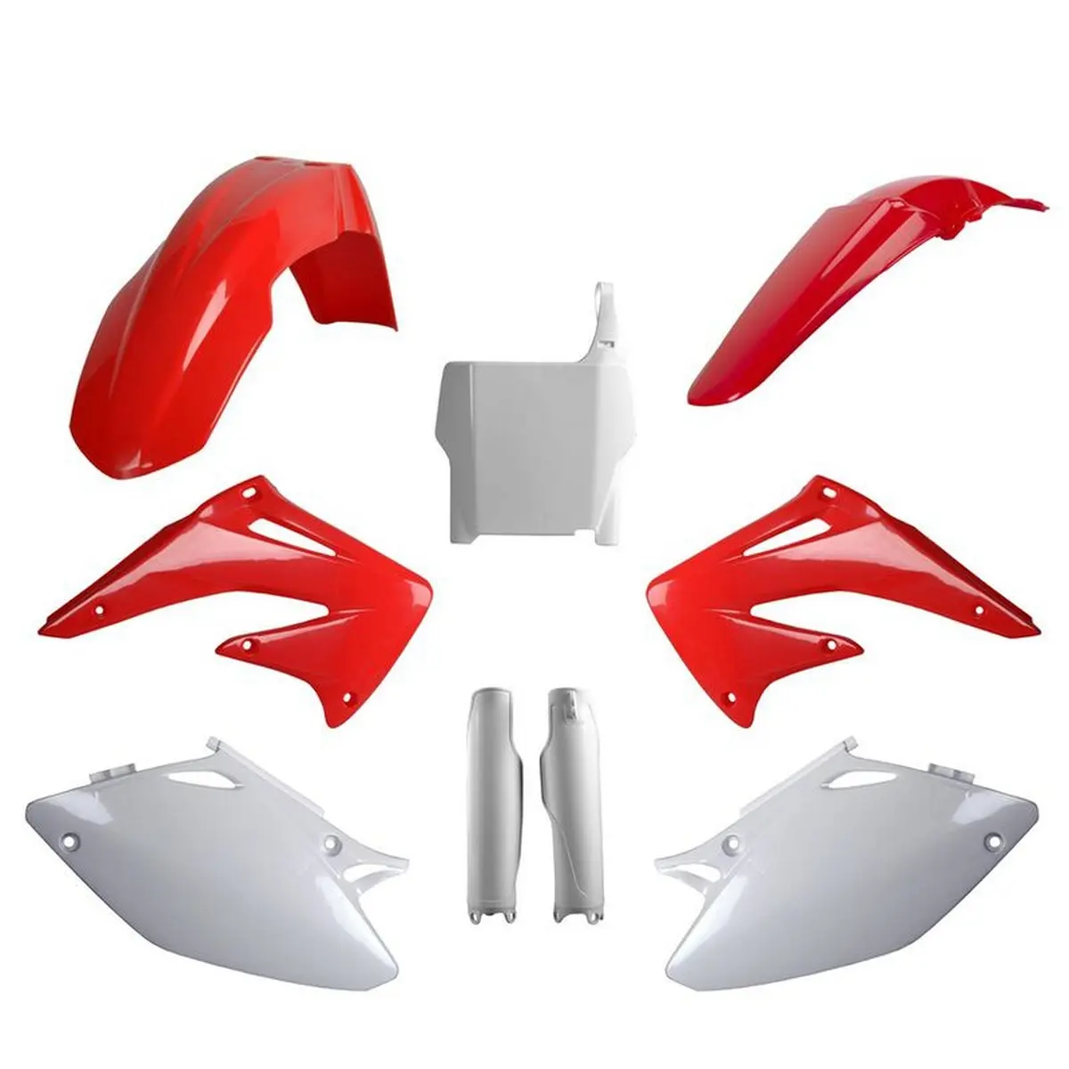 POLISPORT kompletní sada plastů (FULL KIT) HONDA CRF 450R 04 v sadě tabulka přední (8661900001) i kryty tlumičů (8351700001) barva červeno bílá OEM